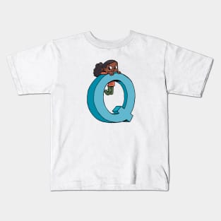 girl hanging on the capital letter Q Kids T-Shirt